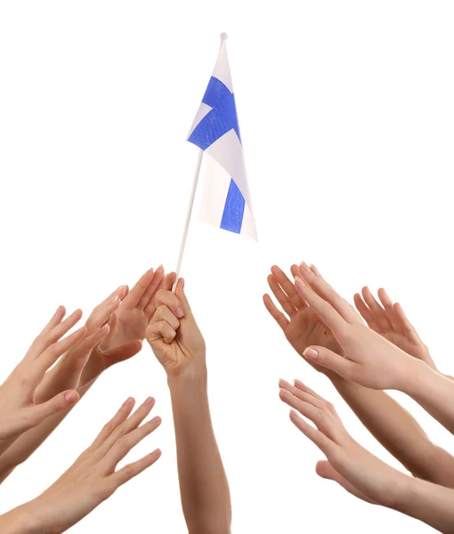フィンランドの旗、白で隔離される多くの手 — ストック写真