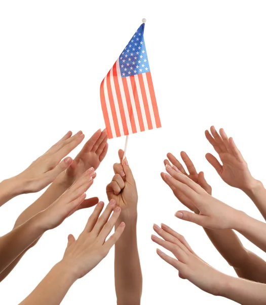 Bandeira dos EUA e muitas mãos,, isolado em branco — Fotografia de Stock