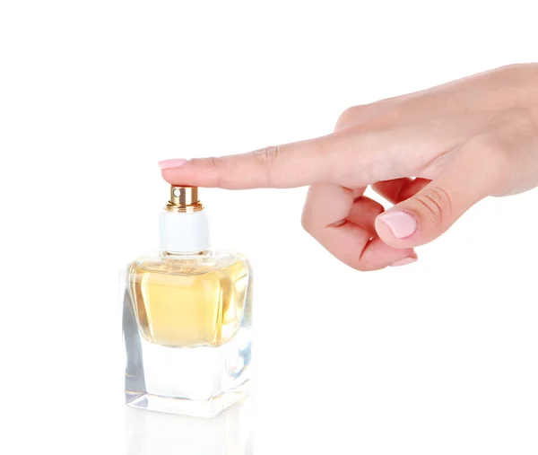 Fles parfum in hand geïsoleerd op wit — Stockfoto