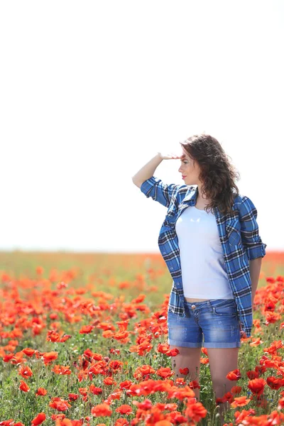 Mooie jonge vrouw in papaverveld — Stockfoto