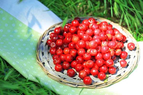 Sweet cherries on wicker stand with napkin on grass background — Stock Photo, Image