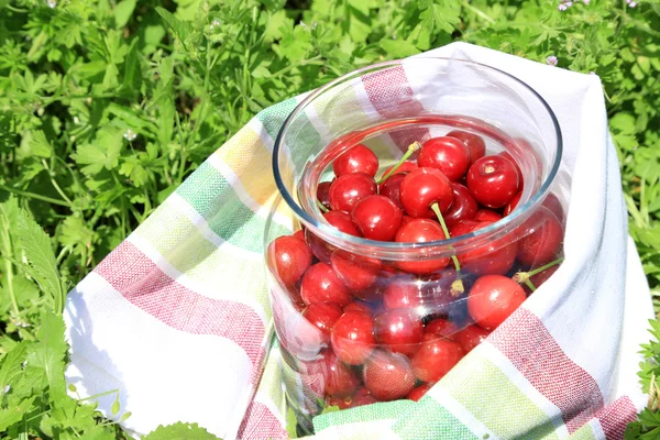 Sweet cherries in glass jar with napkin on grass background — Stock Photo, Image