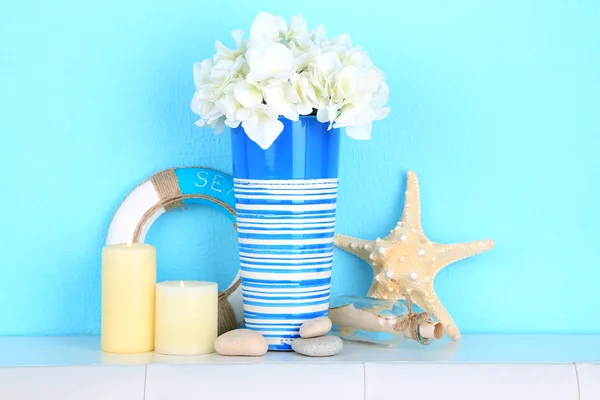 Composition of marine items on blue background — Stock Photo, Image