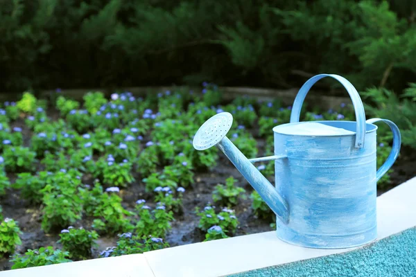Watering can on green bushes background — Stock Photo, Image