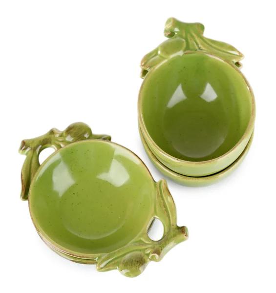 Зелені порожні миски для оливкової олії та оливок ізольовані на білому — стокове фото