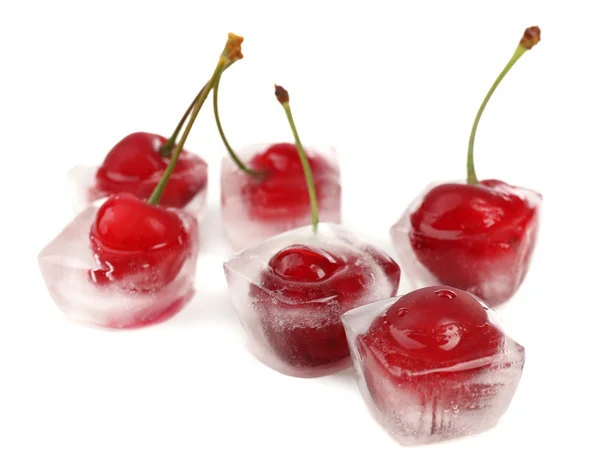 Cherry in ice cube isolated on white — Stock Photo, Image