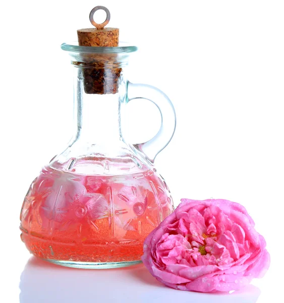 Rose oil in bottle isolated on white — Stock Photo, Image