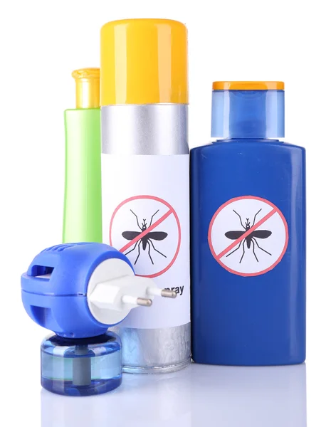 Bottles with mosquito repellent cream and fumigator, isolated on white — Stock Photo, Image