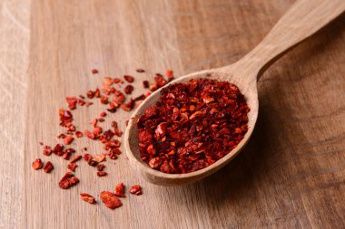 ahşap zemin üzerine kaşık biber baharat