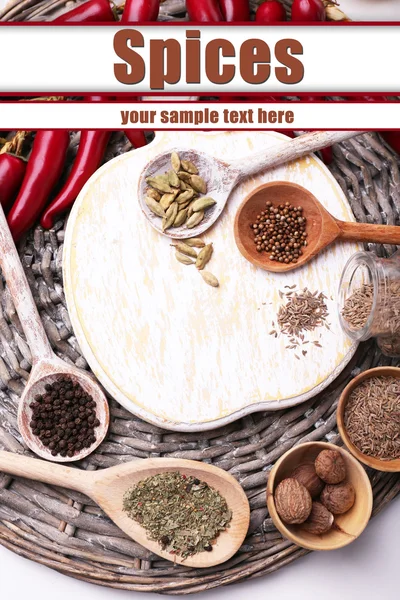 Different spices with blank cutting board, close up — Stock Photo, Image