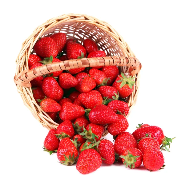 Ripe sweet strawberries in wicker basket, isolated on white — Stock Photo, Image