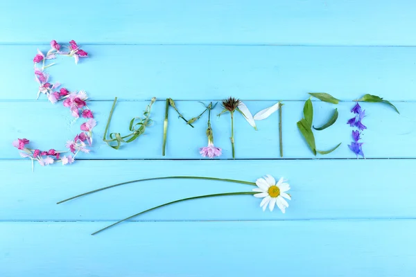 Yaprak ve çiçek ahşap zemin üzerinde yazıt yaz — Stok fotoğraf