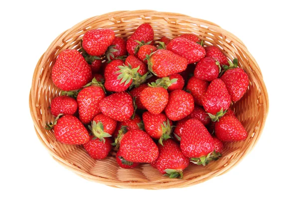 Ripe sweet strawberries in wicker basket, isolated on white — Stock Photo, Image