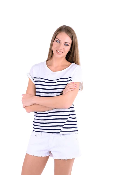 Schöne junge Mädchen in kurzen Hosen und T-Shirt isoliert auf weiß — Stockfoto