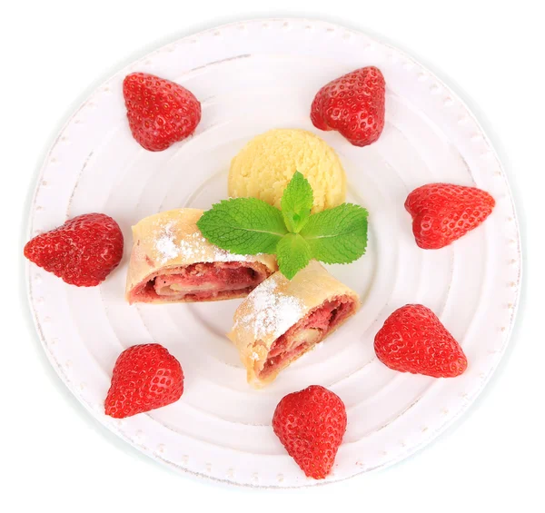 Tasty homemade strudel with ice-cream, fresh strawberry and mint leaves isolated on white — Stock Photo, Image
