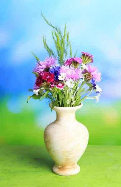 Fiori di campo lucenti in vaso, su sfondo lucente — Foto Stock