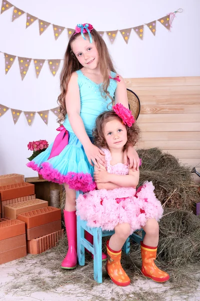 Beautiful Small Girls Petty Skirts Country Style Background — Stock Photo, Image