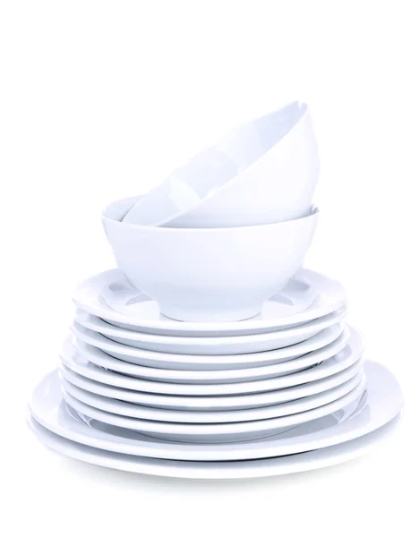 Set di piatti bianchi isolati su bianco — Foto Stock