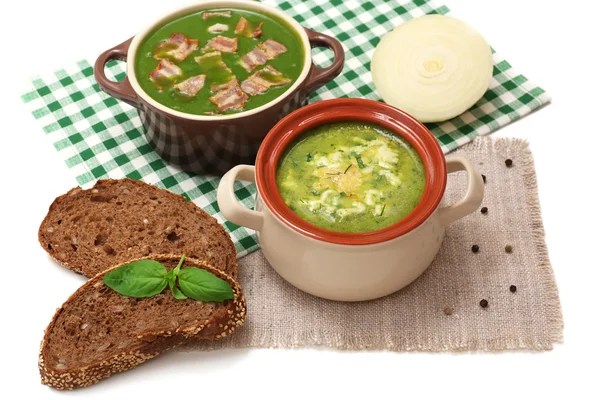 Leckere Suppe in Töpfen, isoliert auf weiß — Stockfoto