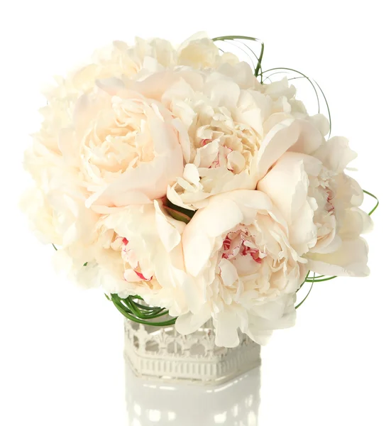 Beautiful wedding bouquet in decorative birdcage isolated on white — Stock Photo, Image