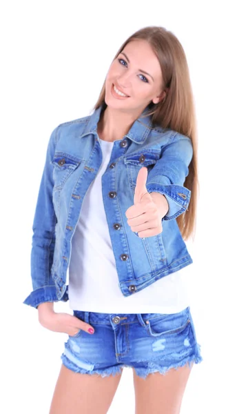 Schönes junges Mädchen in kurzen Hosen, Jacke und T-Shirt isoliert auf weiß — Stockfoto