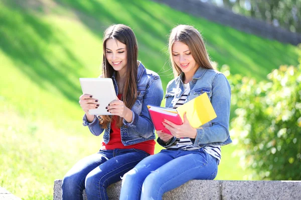 Šťastní studenti sedí v parku — Stock fotografie