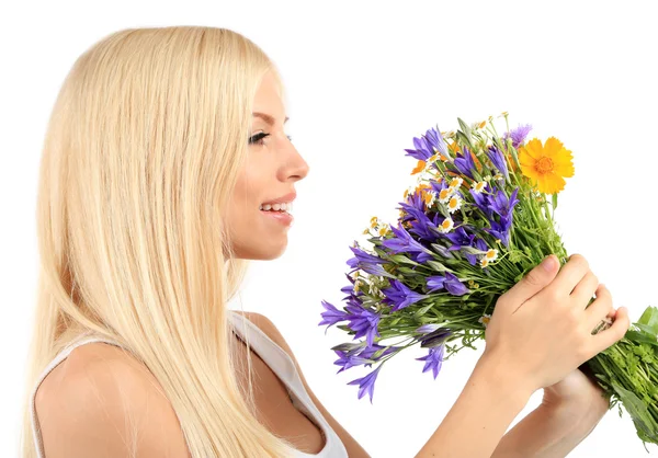 Giovane bella donna con fiori isolati su bianco — Foto Stock