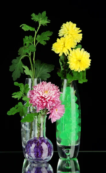 Beautiful flowers in vases with hydrogel isolated on black — Stock Photo, Image