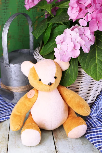 Hydrangea in basket with teddy bear close-up — Stock Photo, Image