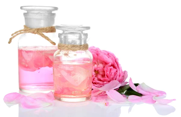 Rose oil in bottle isolated on white — Stock Photo, Image