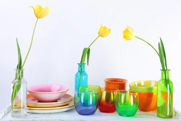 Different tableware on shelf, isolated on white — Stock Photo, Image