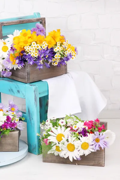 Beautiful flowers in crates on small chair on light background — Stock Photo, Image