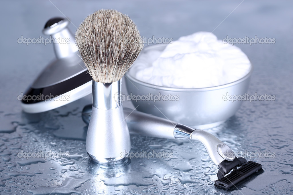 Male luxury shaving kit on gray background
