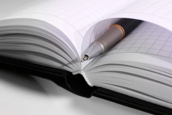 Pen on opened book, close up — Stock Photo, Image