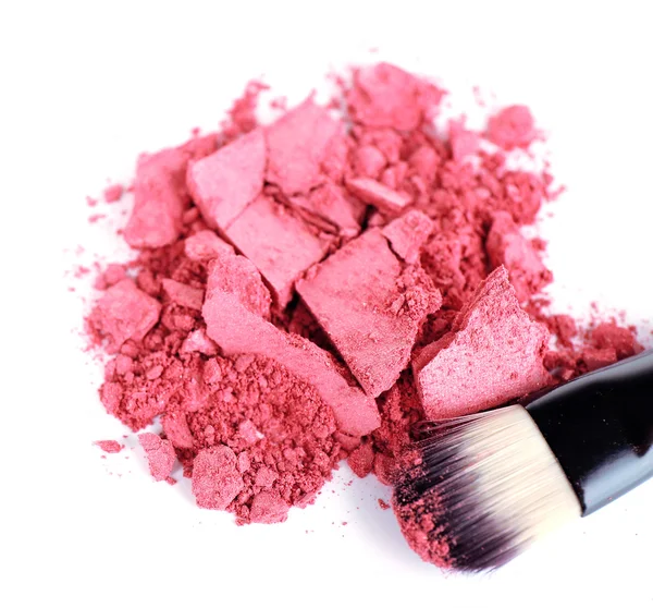 Crushed eyeshadow with brush isolated on white — Stock Photo, Image