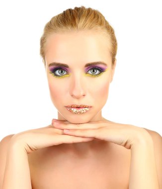 güzel bir kadın ile üzerine beyaz izole, parlak bir makyaj