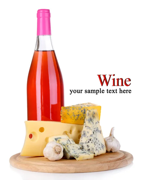 Pink wine and different kinds of cheese isolated on white — Stock Photo, Image