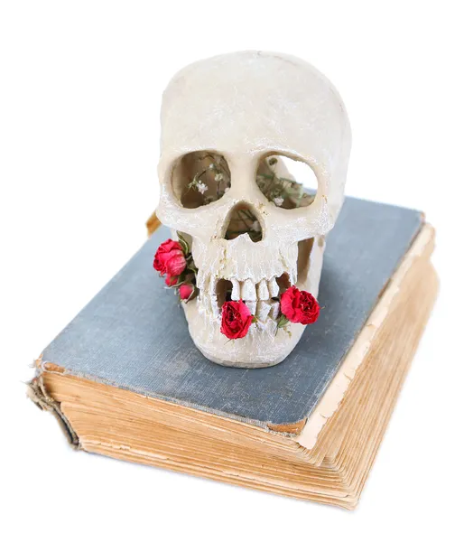 Totenkopf und getrocknete Rosen auf altem Buch isoliert auf weiß — Stockfoto