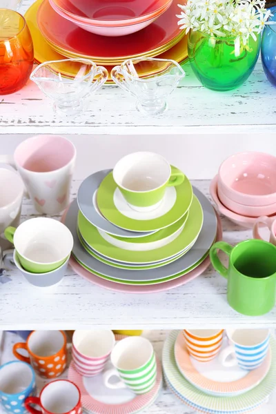 Different tableware on shelf, close up — Stock Photo, Image