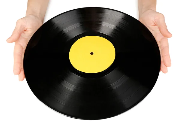 Hands holding old vinyl record, isolated on white — Stock Photo, Image