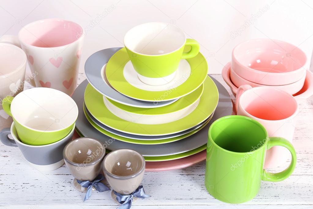 Different tableware on shelf, close up