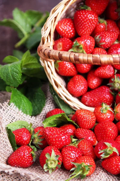 Reife süße Erdbeeren im Weidenkorb und Minzblätter auf Holzgrund — Stockfoto