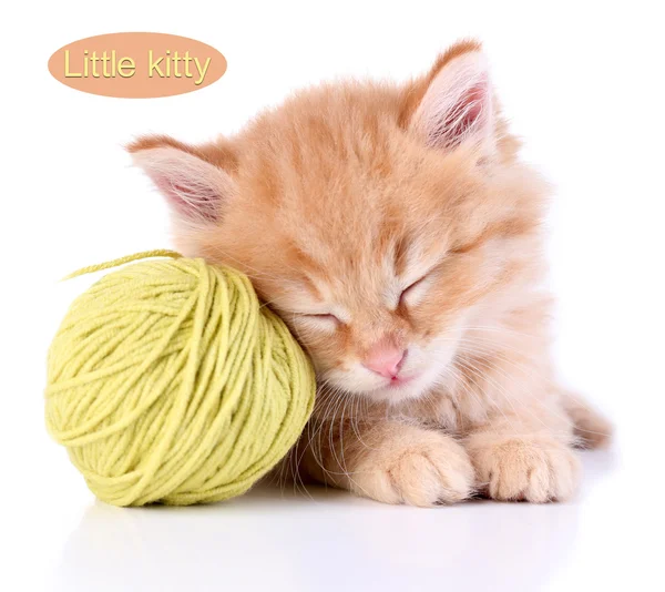 Cute little red kitten and ball of thread isolated on white — Stock Photo, Image