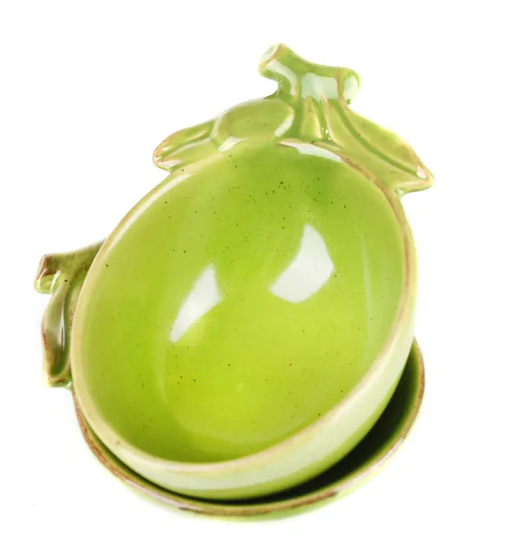 Ciotole verdi vuote per olio d'oliva e olive isolate su bianco — Foto Stock