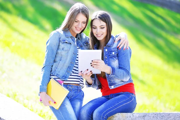 Šťastní studenti sedí v parku — Stock fotografie