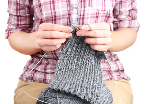Female hands knitting with spokes close up — Stock Photo, Image
