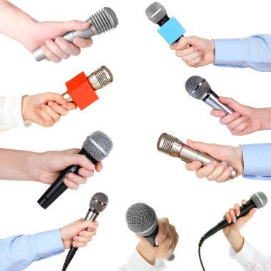 Collage of hands with microphone isolated on white clipart