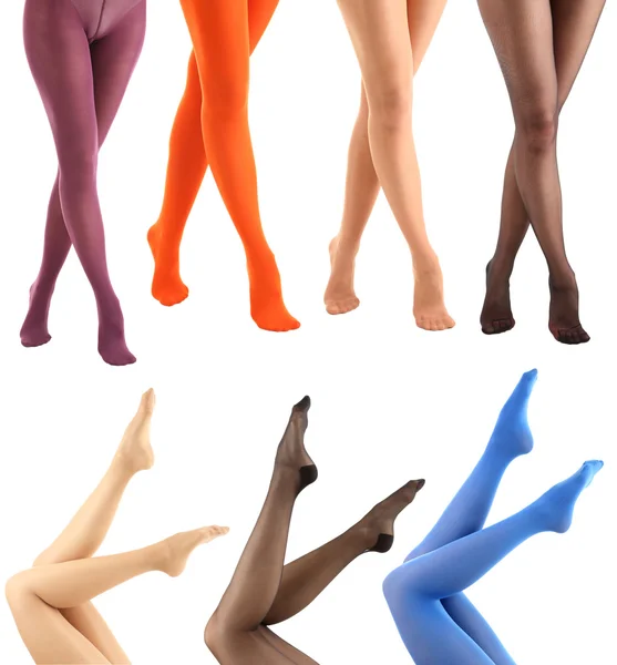 Collage di calze su gambe donna, isolato su bianco — Foto Stock