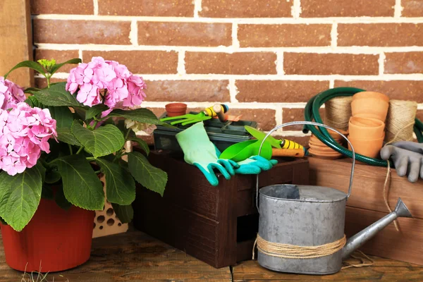 Tools of gardener on  bricks background — Stock Photo, Image