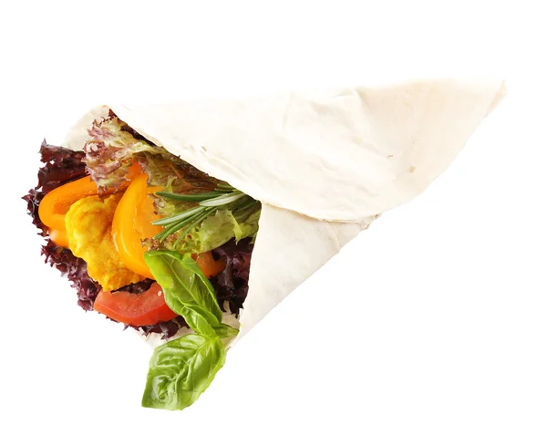 Veggie wrap filled with chicken and fresh vegetables isolated on white — Stock Photo, Image